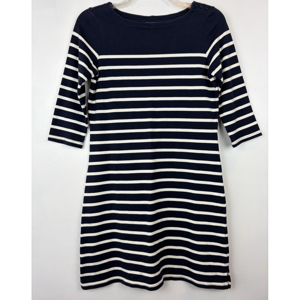 L.L. Bean Heritage Mariner Dress Womens Small Reg Navy Blue Stripe Cotton
